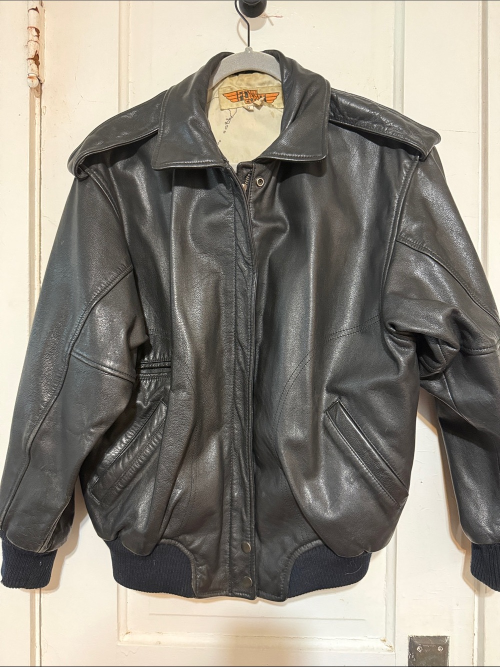 Vintage Black Leather Bomber Jacket
